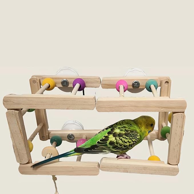 Wooden Bird Ladder Toy, 12 Inch Foldable Hardwood Parrot Climbing Bridge with Colorful Beads, 2 Pack Tri-Section Cage Accessories for Cockatiels, Conures, Lovebirds, 4 Inch Wide