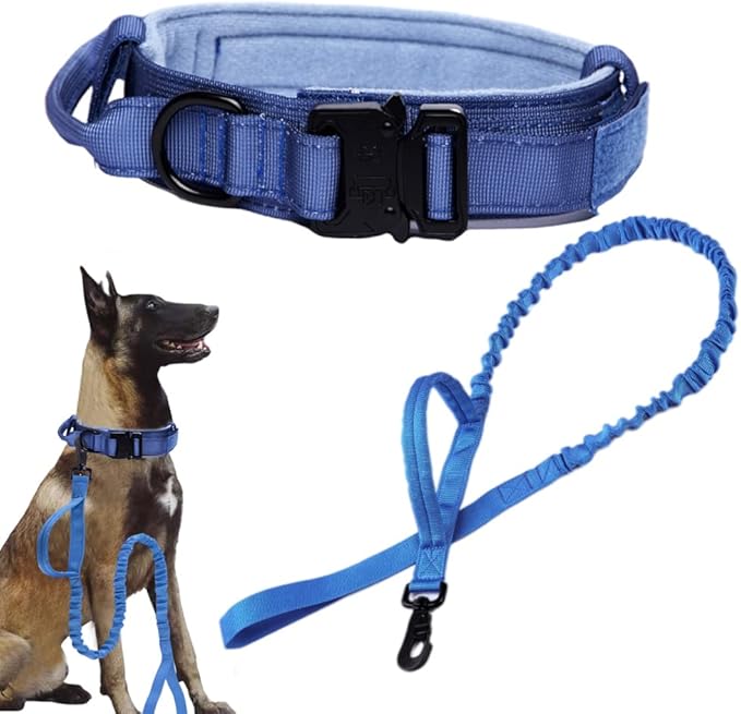 Xqpetlihai Tactical Dog Collar and Leash Set Adjustable Military Nylon Dog Collar with Control Handle and Heavy Duty Metal Buckle for Large Dogs （Dark Blue L