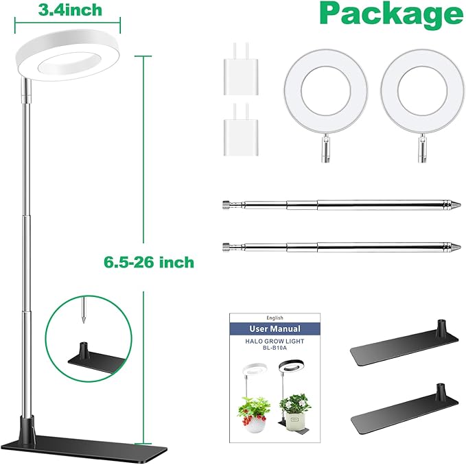 Aokrean Grow Lights for Indoor Plants,Full Spectrum Plant Lights for Indoor Growing with 3/9/12H Timer, 3 Color Modes, 10 Brightness, 6.5"-26" Height Adjustable Small Grow Light, 2 Pack(3.4in)