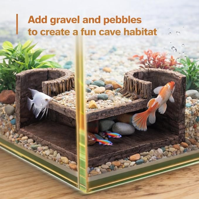 Corner Fish Cave Viewing Tunnel, Realistic Driftwood Stump Hideout for Betta, Shrimp, Corydoras – BPA-Free Aquarium Safe Resin Decoration (5.1”x5.1”x2.8”)
