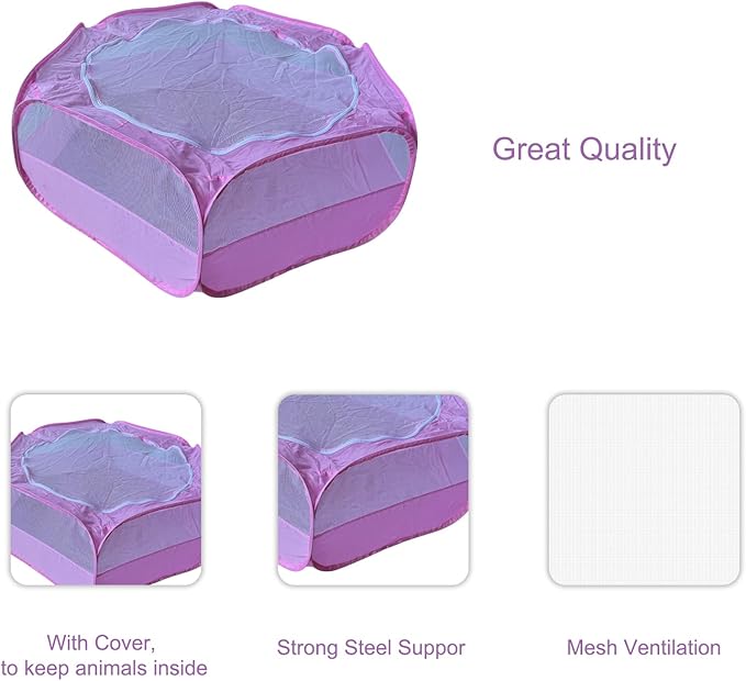 Small Animal Playpen with Zippered Mesh Cover - Portable Foldable Chicken Brooder Box, Indoor Outdoor Enclosure for Guinea Pigs, Bunny, Rabbits, Ferrets, Chinchillas, Kittens (Pink)