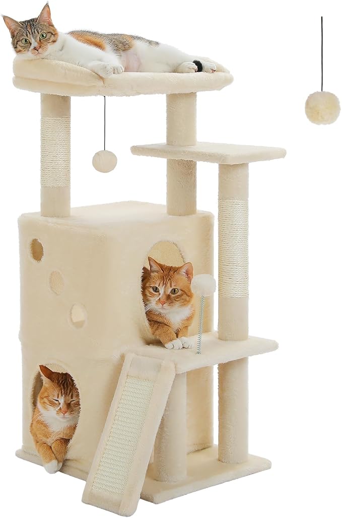 PETEPELA Cat Tree for Indoor Cats, 34.6" Small Cat Tower with Scratching Posts, 2 Condos, Scratching Ramp & Dangling Toys, Cat Play House for Multi-Cat Households, Beige
