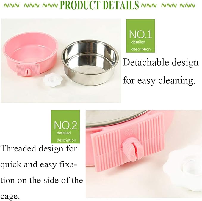 kathson Crate Dog Bowl, Removable Stainless Steel Hanging Pet Cage Bowl Food & Water Feeder Coop Cup for Cat, Puppy, Birds, Rats, Guinea Pigs (3 PCS, Size: L, Blue, Green, Pink)