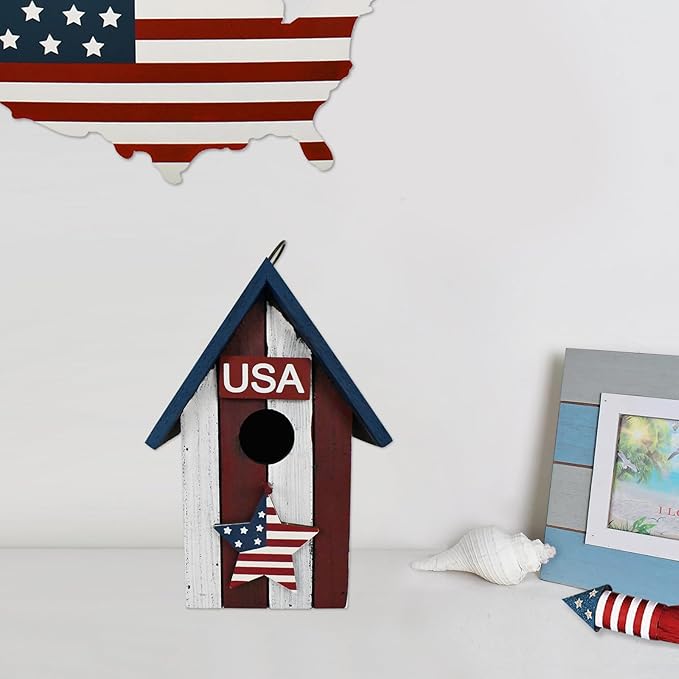 Linfevisi Wooden Patriotic Bird House Bluebird Nest Box American Flag Birds Boxes Home Wood Birdhouses Hanging Outdoor Decorative for Wren Finch Chickadee Sparrows Cardinals Tree July 4th(A)