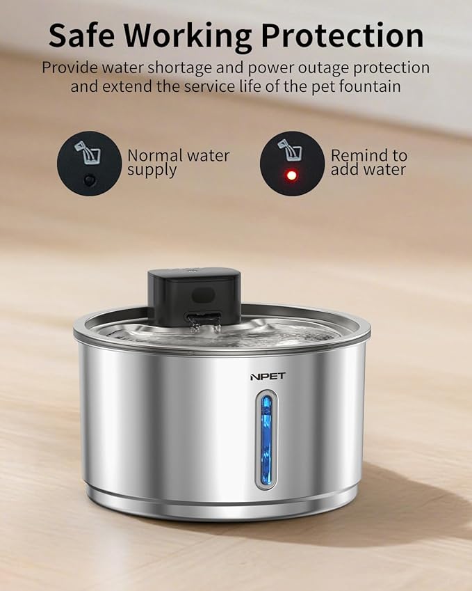 NPET Wireless Cat Fountain Stainless Steel, 1 Gallon/135oz Battery Operated Automatic Pet Drinking Fountain - Cordless Dog Water Dispenser with 8 Replacement Filters for Cats and Dogs Indoor