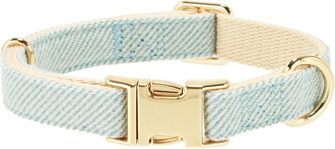 Luxury Soft Cotton Tweed Fabric Dog Collar & Leash Set with Gold Buckle – Durable Fabric, Stylish Design for Everyday Walks(Medium LtBlue)