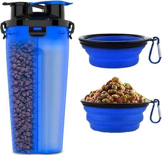 Dog Travel Water Bottle W/Collapsible Bowls - Portable 2 in 1 Leakproof Pet Water Bottle Food Container Ideal for Travel, Outdoor Portable Water Bowls for Walking, Camping & Hiking - (Blue)