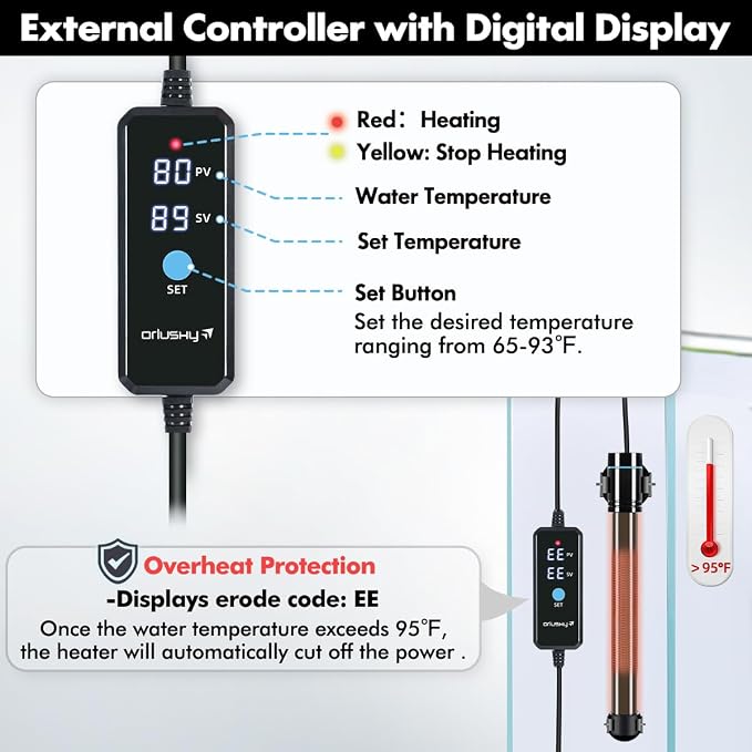 Orlushy Submersible Aquarium Heater, Fish Tank Heater with Free Thermometer for Freshwater and Saltwater Tank
