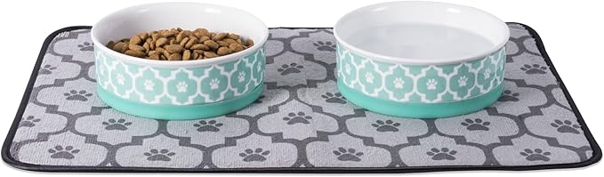 Bone Dry Paw Print Ceramic Pet Bowl, Lattice Collection, Large Set, 7.5x2.4", Aqua, 2 Count