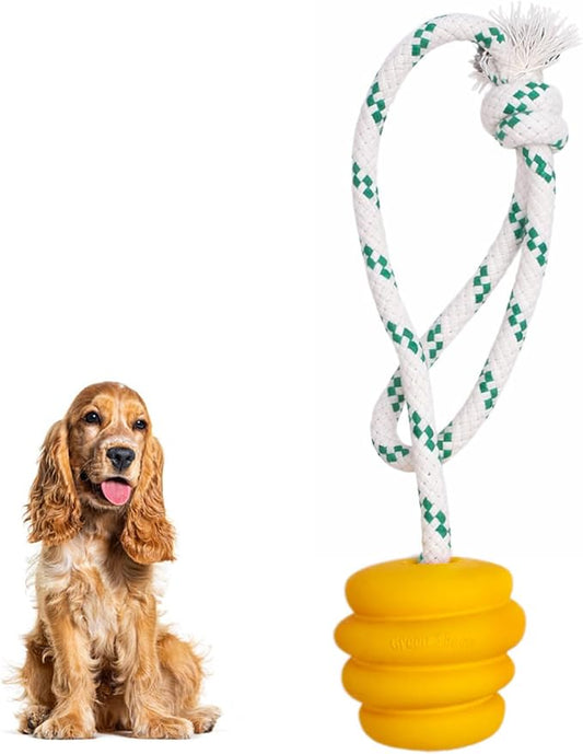 Green Sheep Tug & Enrichment Dog Toy, Interactive Rope Ball Toy with Removable Cotton Rope, Treat Dispensing Natural Rubber Dental Chew Toy for Medium and Large Dogs, Yellow