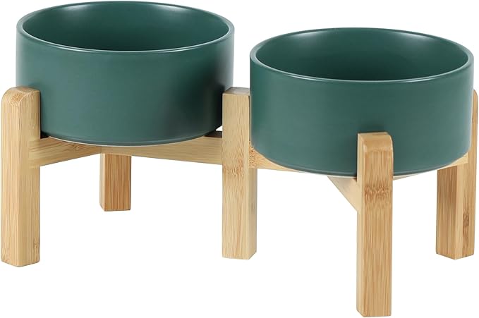 Havniva Ceramic Raised Double Bowls Set with Stand, 2 Heights Elevated, Food & Water Bowls for Small Breed Dogs, Weighted Dog Dishes, Pet Bowl(6.1'',28.7oz, Green)