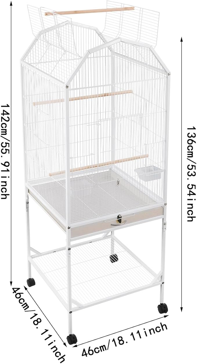 53.5 Inch Iron Bird Cage, Large Parakeet Cages with Play Open Top and Rolling Stand, Bird House with Detachable Stand and Pull-Out Tray for Cockatiels, Parrots, Lovebirds, Canaries (White, Style B)