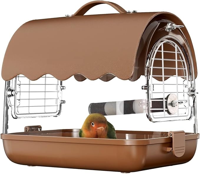 Parrot Cage Aviary, Bird Carrier Backpack with Perch, Transparent Travel Bird Cage Bag with Shade Cover Visible Window for Parrots Budgie Bird Parrot Aviary(Brown)
