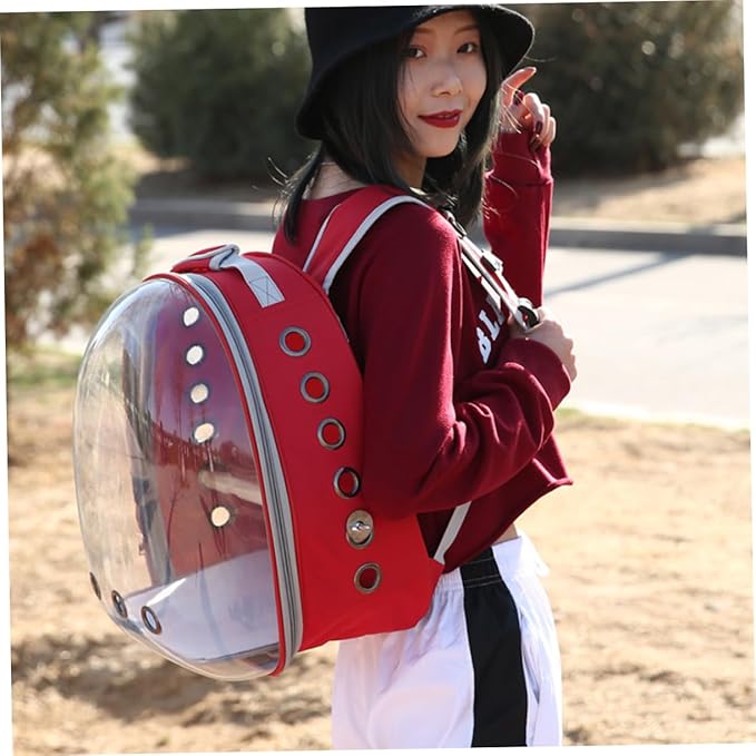 Mikikit Portable Parrot Backpack Carrier with Breathable Design and Wooden Stand for Outdoor Travel Red Space Capsule Pet Carry Bag