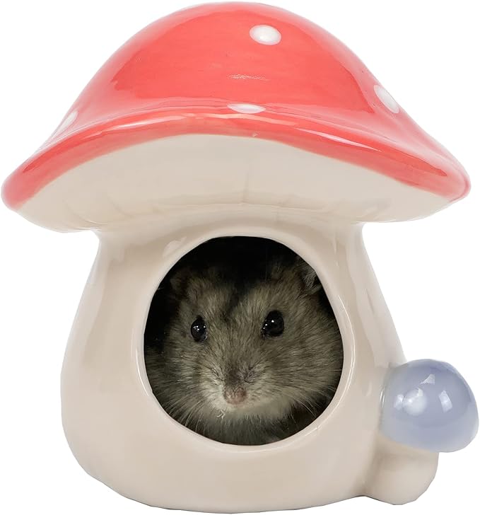 Safe Hamster Bed Mushroom-Shaped Hut with Ceramic for Small Animal All-Season Hideout