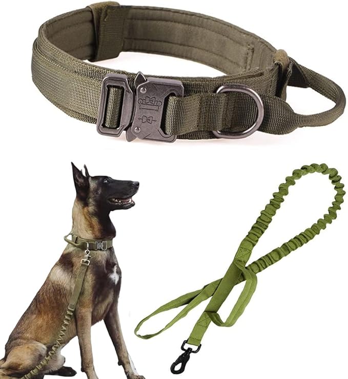 Xqpetlihai Tactical Dog Collar and Leash Set Adjustable Military Nylon Dog Collar with Control Handle and Heavy Duty Metal Buckle for Large Dogs（Green XXL