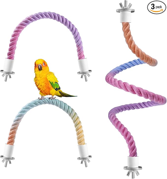 3 Pcs Bird Rope Perches Gradient Color, Bendable Parrot Bird Perch Rope Stand for Cage, Stand Climbing Stand Toy for Cockatiels, Lovebirds, Budgies, Parakeets (2 Short + 1 Long)