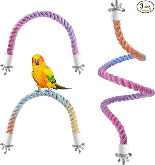 3 Pcs Bird Rope Perches Gradient Color, Bendable Parrot Bird Perch Rope Stand for Cage, Stand Climbing Stand Toy for Cockatiels, Lovebirds, Budgies, Parakeets (2 Short + 1 Long)