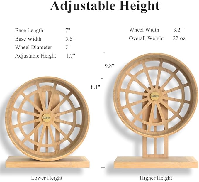 7" Silent Hamster Wheel, Carbonized Bamboo Exercise Spinner with Adjustable Stand for Dwarf Hamsters, Roborovski & Small Mice