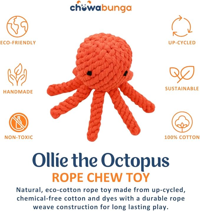 Ollie the Octopus Dog Toy Tough 4 Inch Handmade Eco Cotton Rope Dog Toy Octopus with Natural, Non-Toxic Dyes - Dog Octopus Toy for Small Dogs (Orange, Small)