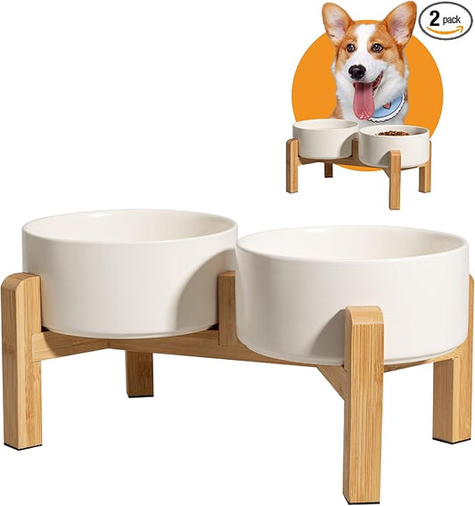 Elevated Ceramic Dog Bowl Set - Raised Dog Bowls with Non-Slip Bamboo Stand - Dog Food and Water Bowl Set - Double Dog Feeding Bowls - Suitable for Small and Medium Dogs - 28.74 OZ - 3.6 CUPS - 850 ML