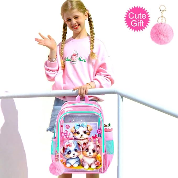 Clear Backpack for Girls and Boys, Kids Transparent Bookbag, 3PCS Cute See Through School Bag for Elementary Prechool
