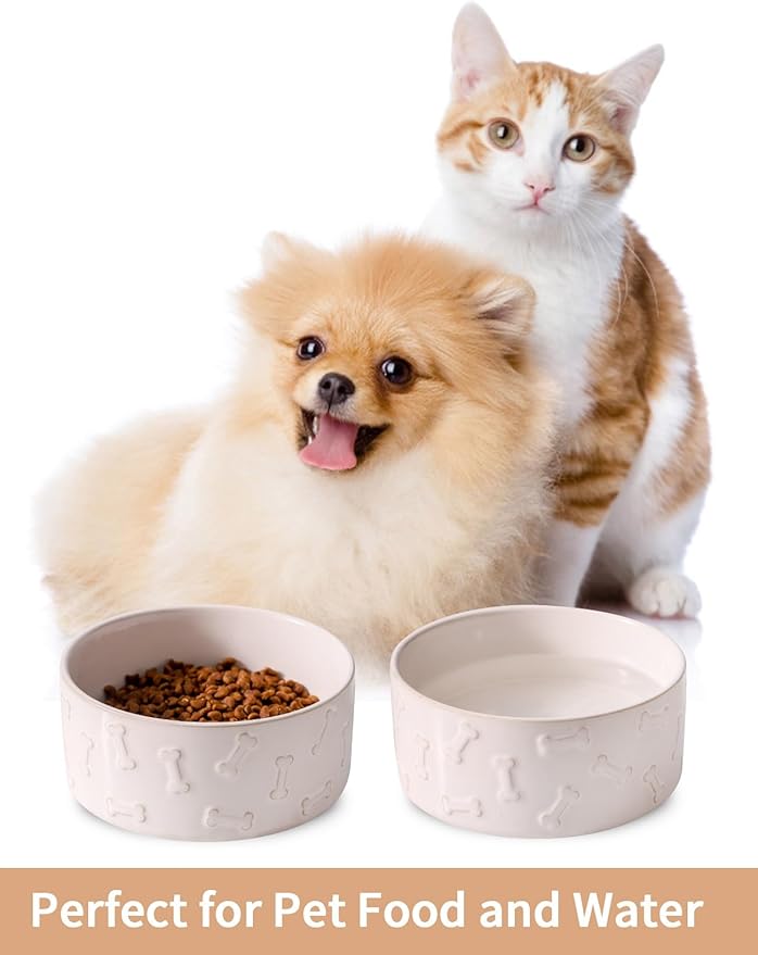 UBEE Ceramic Dog Bowl Set of 2, 5.1 inch Dog Food Bowl, Pet Food Water Dish Feeding for Small Dogs and Large Cat, Bone Pattern, 5.1 in-Small, White