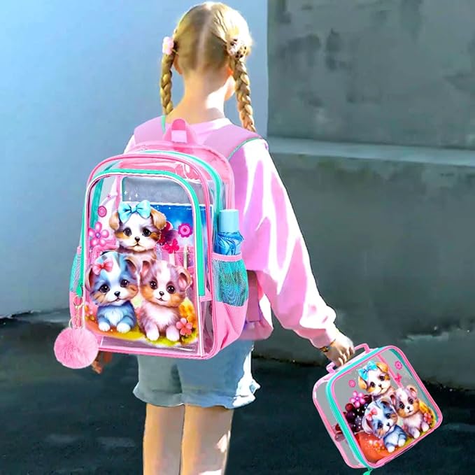 AGSDON 3PCS Clear Backpack for Girls, Kids Dog Transparent Backpack with Heavy Duty PVC, See Through Backpacks with Lunch Bag- Pink Dog