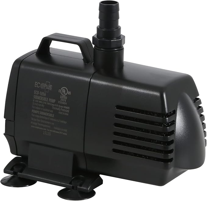 EcoPlus Eco 1056 Water Pump Fixed Flow Submersible Or Inline For Aquariums, Ponds, Fountains & Hydroponics - UL Listed, 1083 GPH, Black