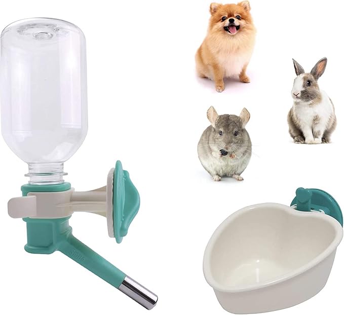 Choco Nose No-Drip Water Bottle & Detachable Food Bowl Set for Large Rabbits, Chinchillas, Toy Breed Dogs, Cats - Leak-Proof Patented Nozzle Prevent Cage Mess. BPA Free, 10.2 fl oz (C528 C607)