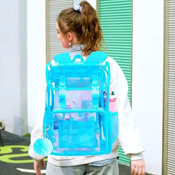 17" Plum Blossom Clear Backpack for Girls - 3Pcs Flip Design Stadium Approved Set, Campus/School Transparent Bookbag (Blue)