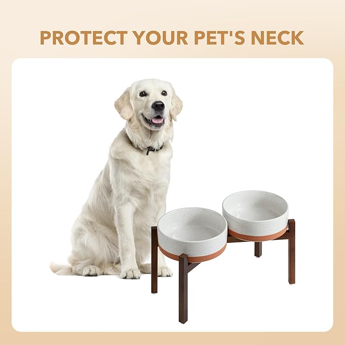 Havniva 8.2" Elevated Dog Bowls Ceramic Raised Dog Bowl with Non-Slip Stand (Acacia Wood) Weighted Dog Food & Water Bowl for Large Breed Dogs - 7.6 Cups 60 oz