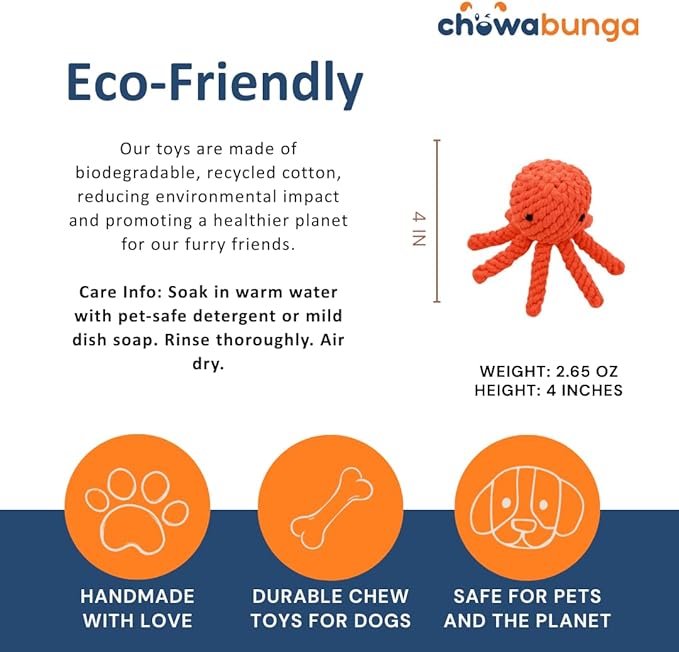 Ollie the Octopus Dog Toy Tough 4 Inch Handmade Eco Cotton Rope Dog Toy Octopus with Natural, Non-Toxic Dyes - Dog Octopus Toy for Small Dogs (Orange, Small)