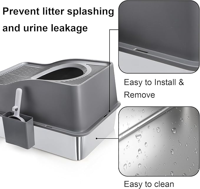 SOUJOY Stainless Steel Cat Litter Box with Lid, Extra Large Top Entry Litter Boxes for Big Cats, Enclosed Removable Metal Litter Box with Scoop and High Wall, Anti-Leakage, Easy Cleaning