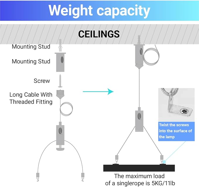 HAMRVL 4 Set Aquarium Light Suspension Cables Kit - Adjustable Steel Hanging Chains 5ft Lighting Fixture Chains,Heavy Duty Stainless Steel Rope for Commercial Aquarium Fish Tank Light LED Panel Light