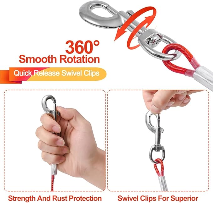 Tie Out Cable for Dogs,10/20/30/50/100FT Dog Leads for Yard Chew Proof,Heavy Duty Tie Out Cable for Large Dogs Up to 125lbs,Dog Runner Tether (Red, 125Ibs 50ft)