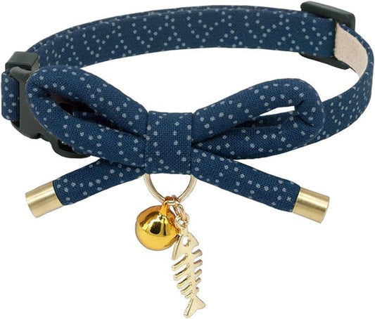PetSoKoo Cute Bowtie Cat Collar with Bell. Japanese Stylish Bowknot & Fish Charm. Safety Breakaway, Soft, Lightweight, for Girl Boy Male Female Cats Kitten,Navy Blue