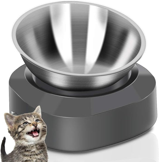AYADA Raised Cat Food Bowl, Stainless Steel Cat Dish for Dry Wet Food Water, Anti Vomiting Elevated with Stand Ergonomic Lifted Slanted Tilted 15 Angle Metal Single Kitty Kitten Pet Bowl (Single)