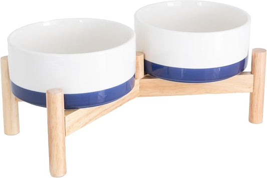 Ilyapa Ceramic Dog Bowls - Elevated for Medium Sized Pet with Raised Food and Water Set - Blue Double 6 inch, 28 Oz Bowls & 13x6.3x5.5 Wooden Stand