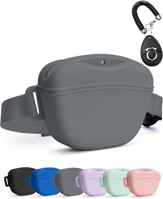 heouvo Dog Treat Pouch with Training Clicker, Upgrade Stronger Magnetic Closure to Avoid Spilling, 1.67 Cup Silicone Treat Bag Fanny Pack with Waist Belt for Pet Training Walking (Grey)