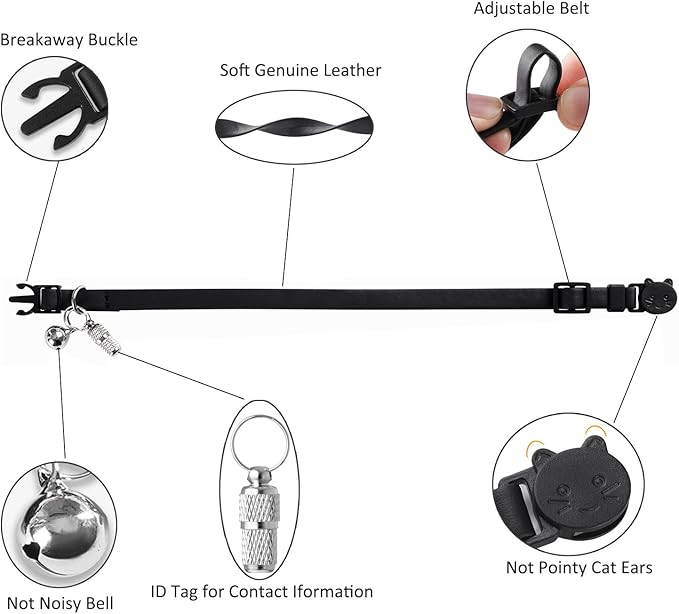 WROSWT Upgrade Breakaway Cat Collar with Bells, Soft Leather Kitten Collars with Name Tag,Safety Adjustable Buckle,Lightweight,Ideal for Girl Boy Cats,Puppies,2 Pack（Black+Brown）