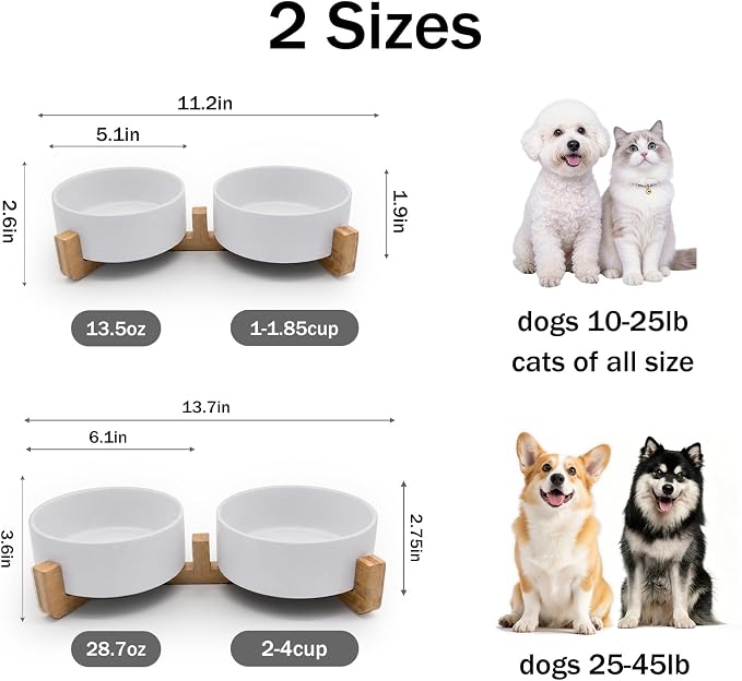 MateeyLife Ceramic Dog and Cat Bowls with Stand, 2-Pack Food and Water Bowl Set - Non-Slip Pet Bowls for Small & Medium Size Dogs，28.7OZ(White)