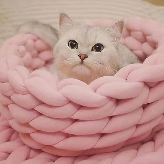 Woven Dog Bed Basket, Knitted Cotton Cat Bed Round Washable Woven Cat Pet Bed Chunky Dog Basket, Orthopedic, Chunky Knit Dog Nest,Dog Bed,Dog Cave,Dog Bedding(Pink,17")