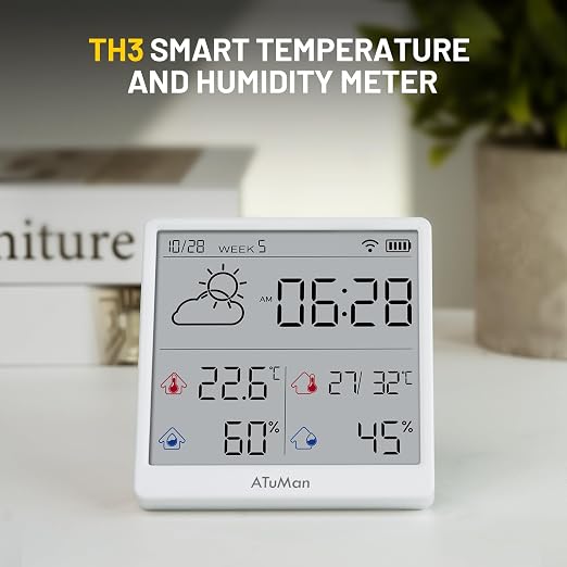 TH3 Smart Thermometer Hygrometer - WiFi Enabled Indoor/Outdoor Temperature Humidity Monitor, 4.3'' Large LCD, Auto-Time Calibration, Type-C, High Precision Sensor for Home, Office, Greenhouse