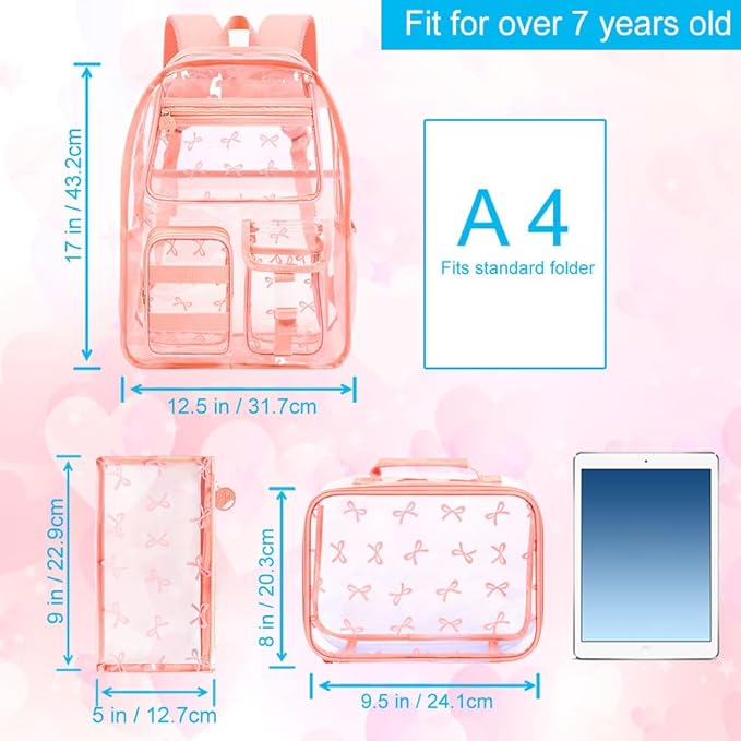 CCJPX 3Pcs Clear Backpack for Girls, School Transparent Bookbag, Heavy Duty See Through Backpacks for Teens Elementary