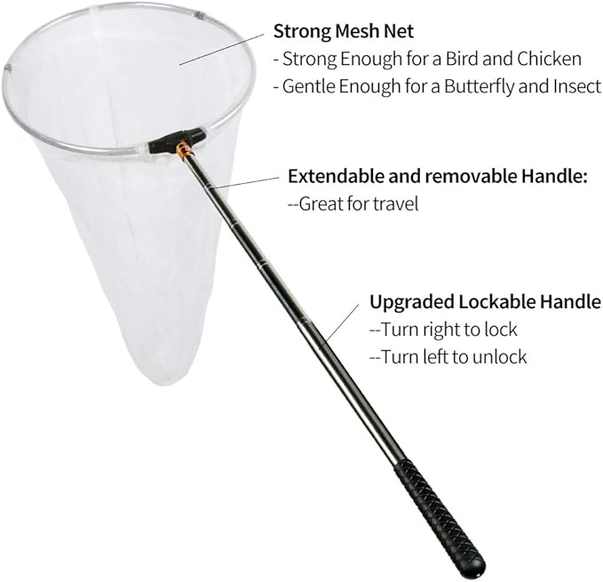 RESTCLOUD Insect and Butterfly Net with 12" Ring, 24" Net Depth, Handle Extends to 59 Inches