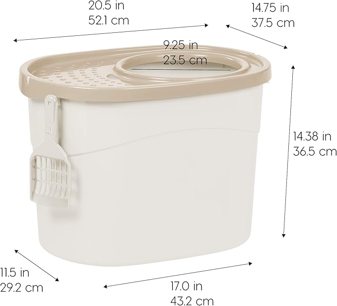 IRIS USA Cat Litter Box Large Top Entry with Lid Enclosed Covered Hooded Design Litter Catching Scatter Shield Pan Dog Proof Pet Proof Scoop Included Odor Control for Indoor Cats Kittens White/Beige