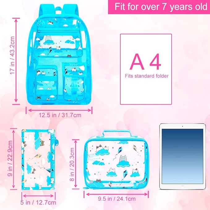 CCJPX 3Pcs Clear Backpack for Girls, School Transparent Bookbag, Heavy Duty See Through Backpacks for Teens Elementary