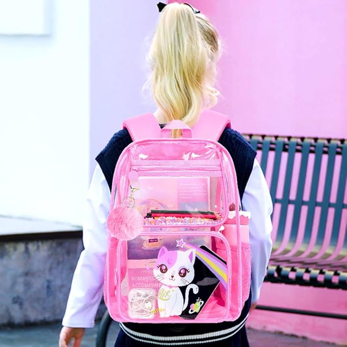 KLFVB 3PCS Clear Backpack for Girls and Boys, Kids See Through Backpacks Stadium Approved, Transparent Bookbag for Elementary