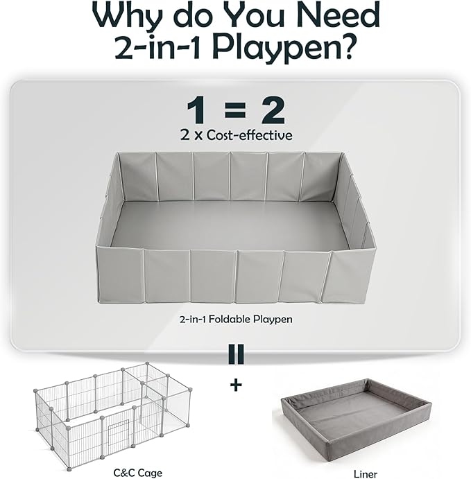 MEEXPAWS Small Animal Playpen, Foldable Guinea Pig Playpen for Indoors or Travel 40" x 28" x 13", Waterproof & No Assembly Portable Guinea Pig Enclosure, Plastic Rat Ferret Play Pen, Grey